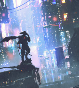 futuristic samurai standing on a building in cyberpunk city at rainy night, digital art style, illustration painting