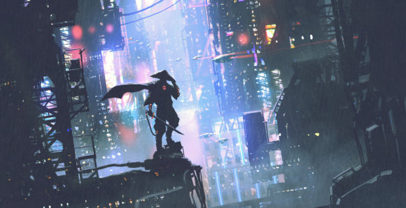 futuristic samurai standing on a building in cyberpunk city at rainy night, digital art style, illustration painting