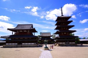 The main hall and the five-storied pagoda of Horyu-ji in Nara