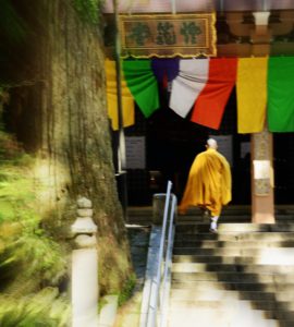 Japanese Buddhism, Buddhist monk at Mt. Koyasan stepping up to the temple