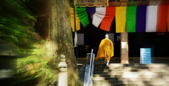 Japanese Buddhism, Buddhist monk at Mt. Koyasan stepping up to the temple